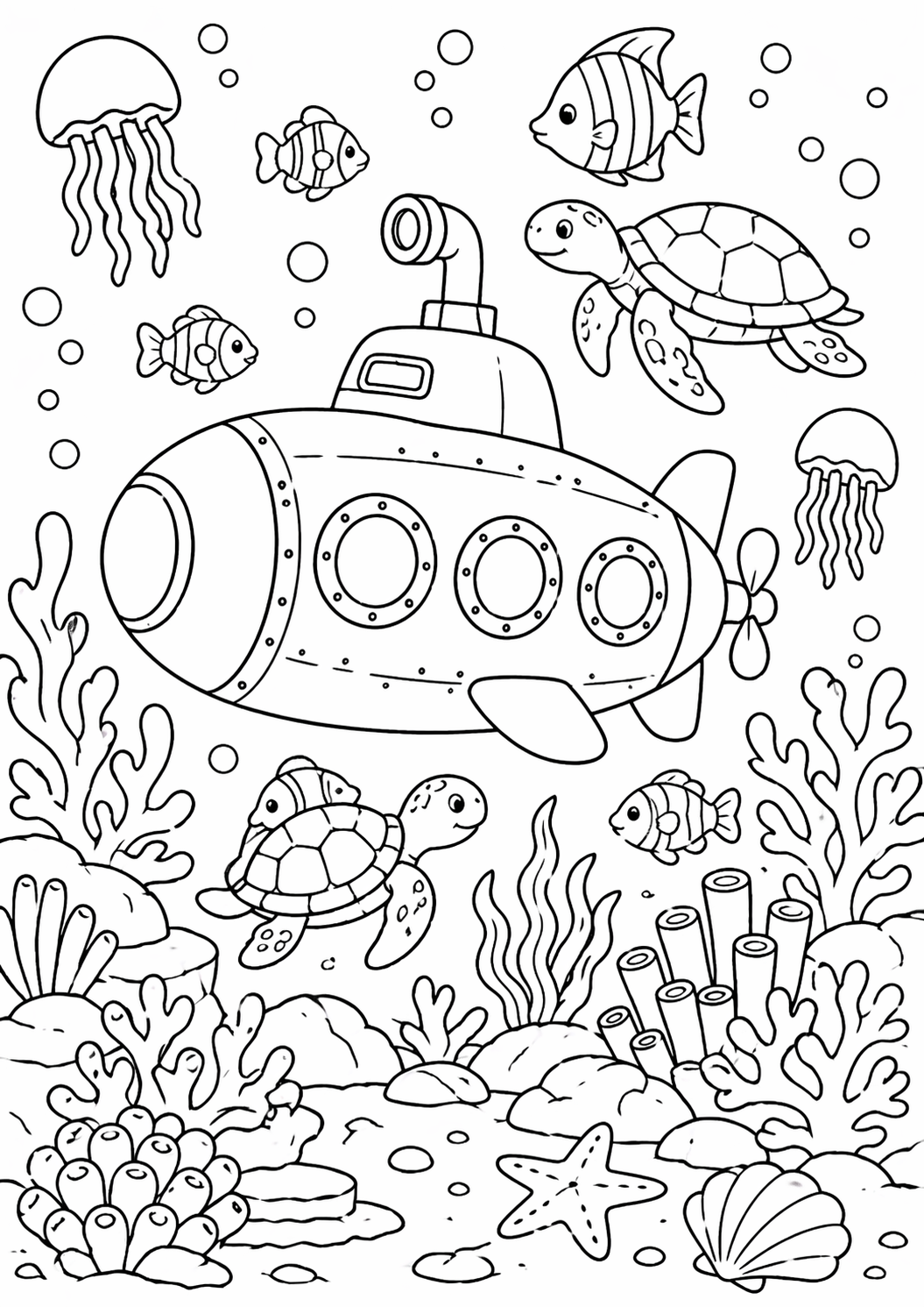 Submarine floating amidst colorful marine life, including fish and turtles, surrounded by coral and sea plants. Ideal for children to color and learn about ocean exploration.