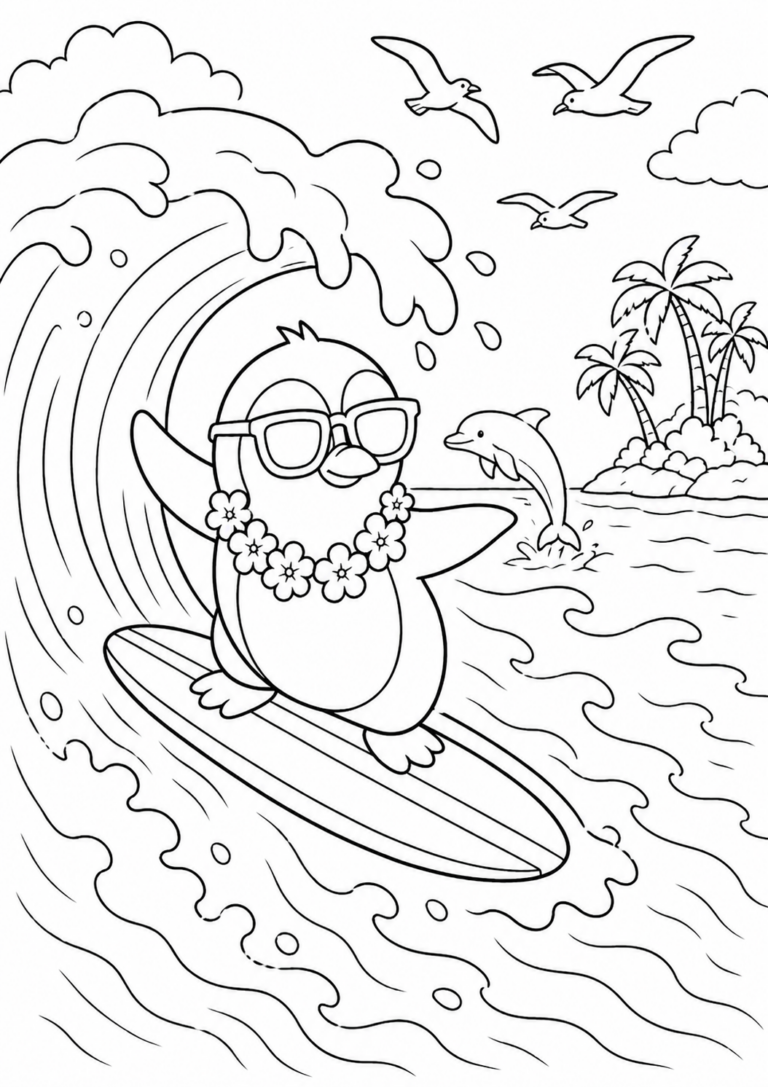 A surfing penguin rides a wave with sunglasses and a floral necklace, next to a jumping dolphin and palm trees. This coloring page delightfully captures a beach scene perfect for children's creativity and fun.