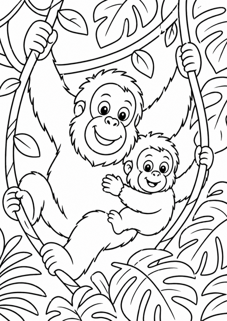 A detailed coloring page showing two cheerful monkeys swinging on jungle vines. Large tropical leaves surround them, creating a vibrant scene. Children can explore creativity by adding colors to this lively depiction of jungle life.