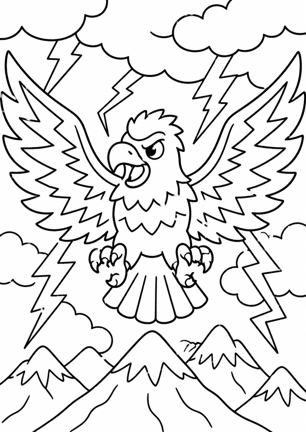 Children's coloring page of a Thunderbird flying over mountains with lightning bolts, inviting vibrant color and creativity.