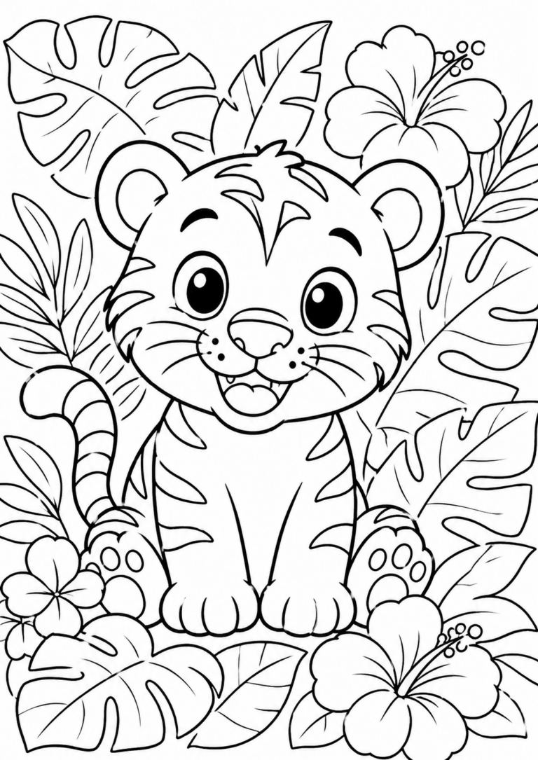A cute tiger sits amidst tropical leaves and hibiscus flowers, ready to be colored by children seeking a fun and creative activity.