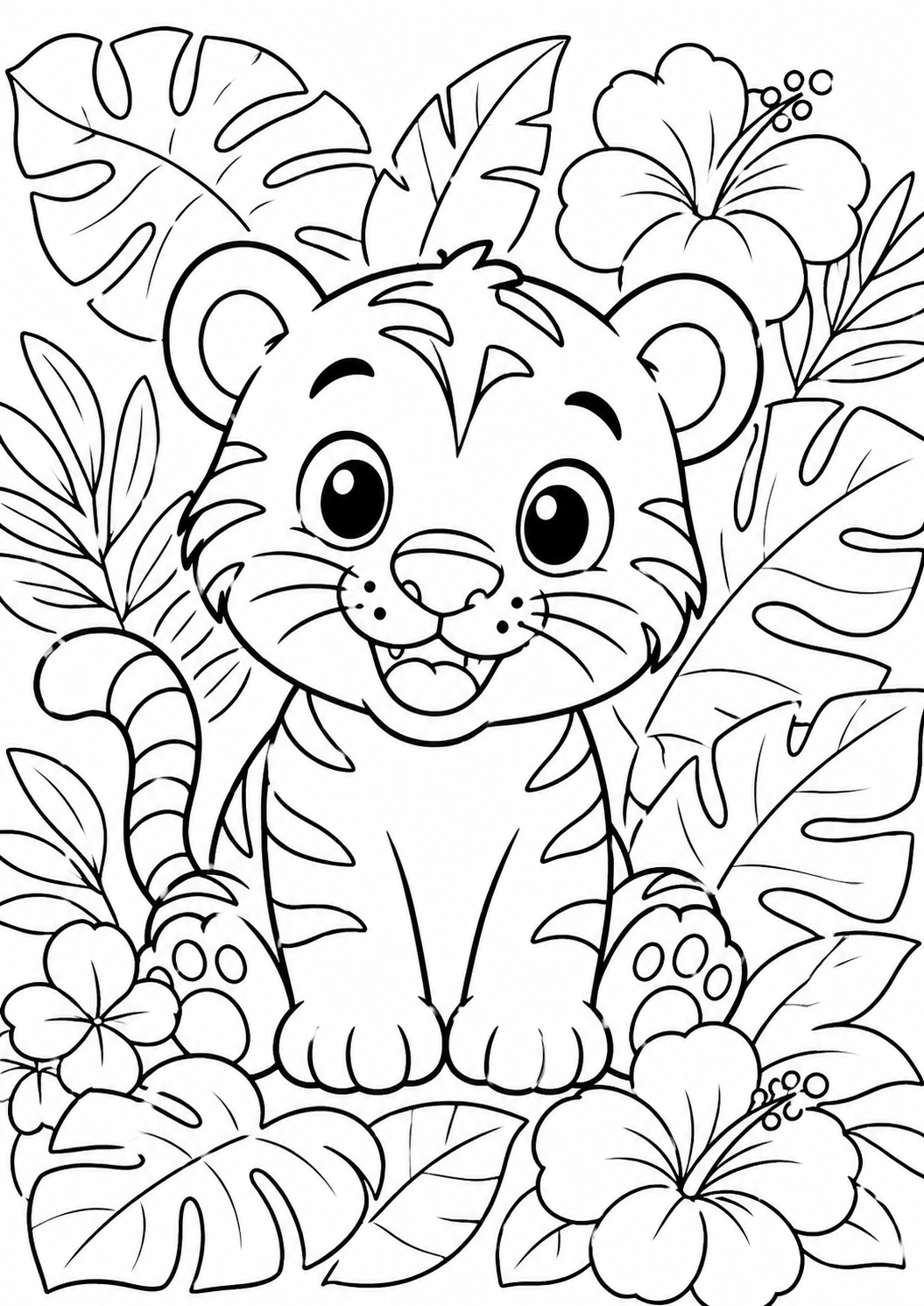 A cute tiger sits amidst tropical leaves and hibiscus flowers, ready to be colored by children seeking a fun and creative activity.
