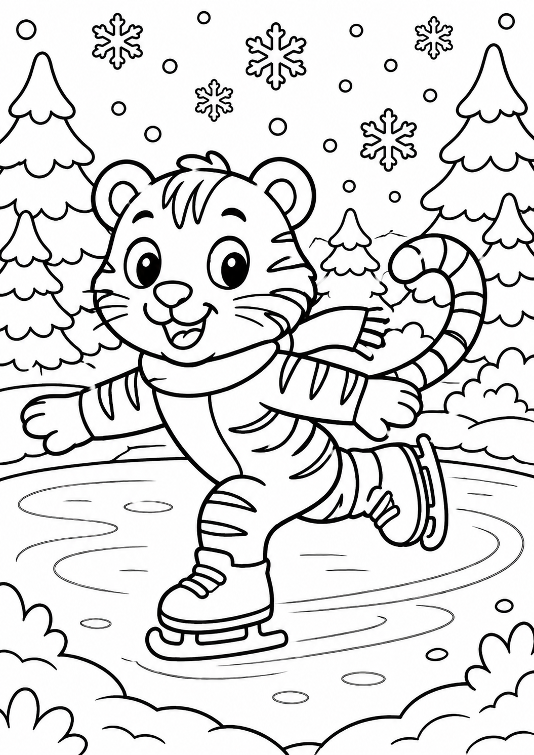The coloring page depicts a cheerful tiger ice skating on a pond. Snowflakes fall around, and pine trees frame the scene. Ideal for children to color, capturing a fun-filled winter activity with a cute animal.