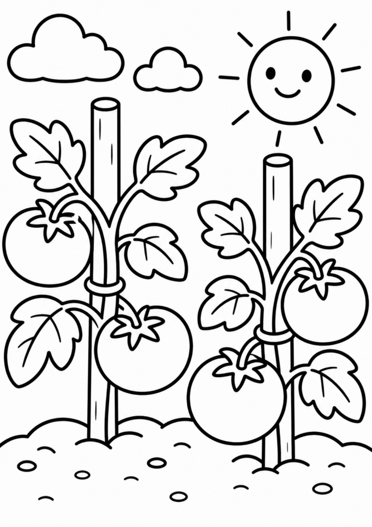 Coloring page of two tomato plants with ripe tomatoes, a smiling sun in the sky, and fluffy clouds, inviting kids to color and enjoy a fun garden-themed activity.