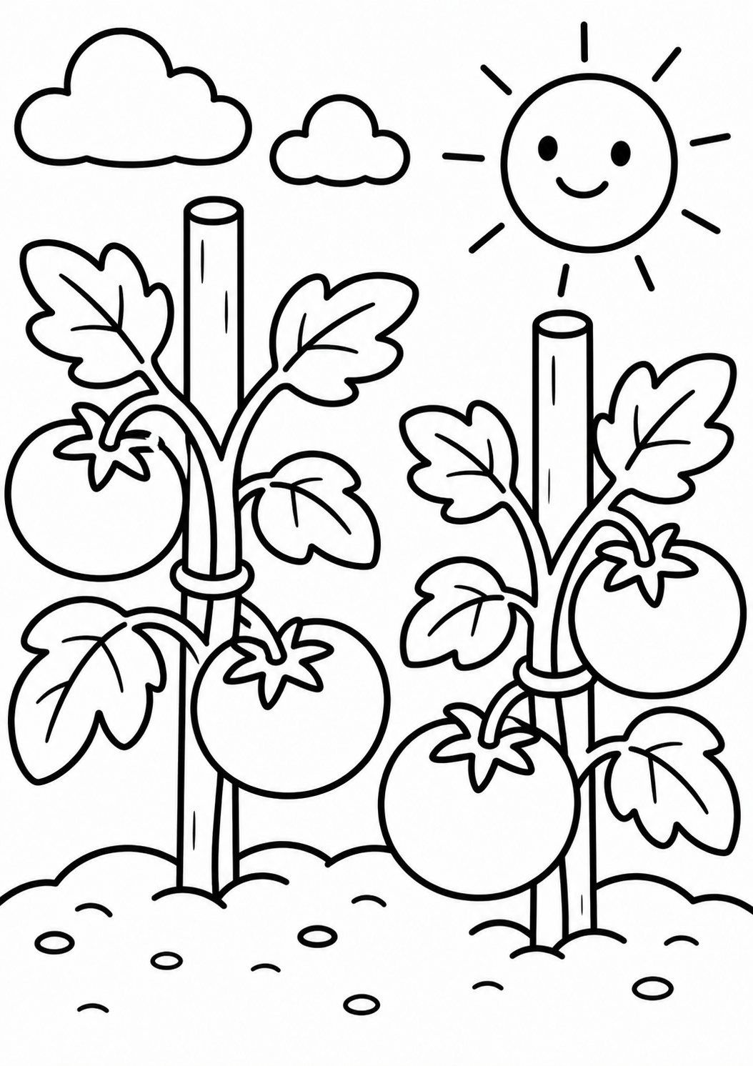 Coloring page of two tomato plants with ripe tomatoes, a smiling sun in the sky, and fluffy clouds, inviting kids to color and enjoy a fun garden-themed activity.