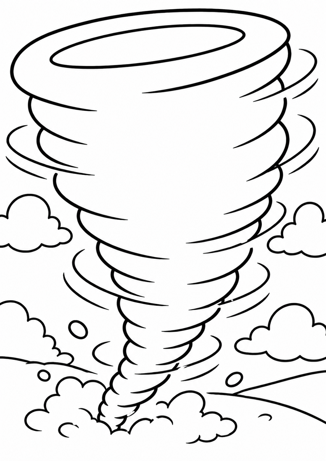 A children's coloring page depicting a swirling tornado with motion lines and surrounding fluffy clouds, capturing the dynamic nature of this weather phenomenon, perfect for kids who enjoy exploring weather-related themes.