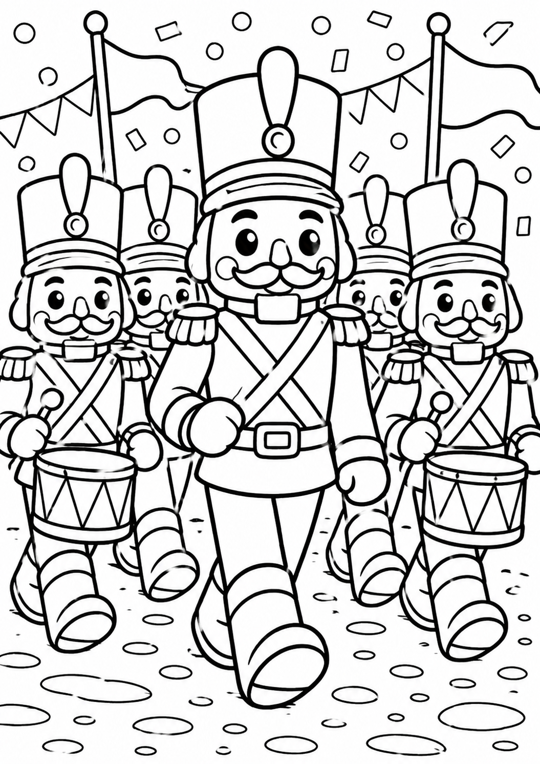 A delightful coloring page with toy soldiers marching in unison, each holding a drum. The scene is festive, encouraging children to explore creativity with colors.