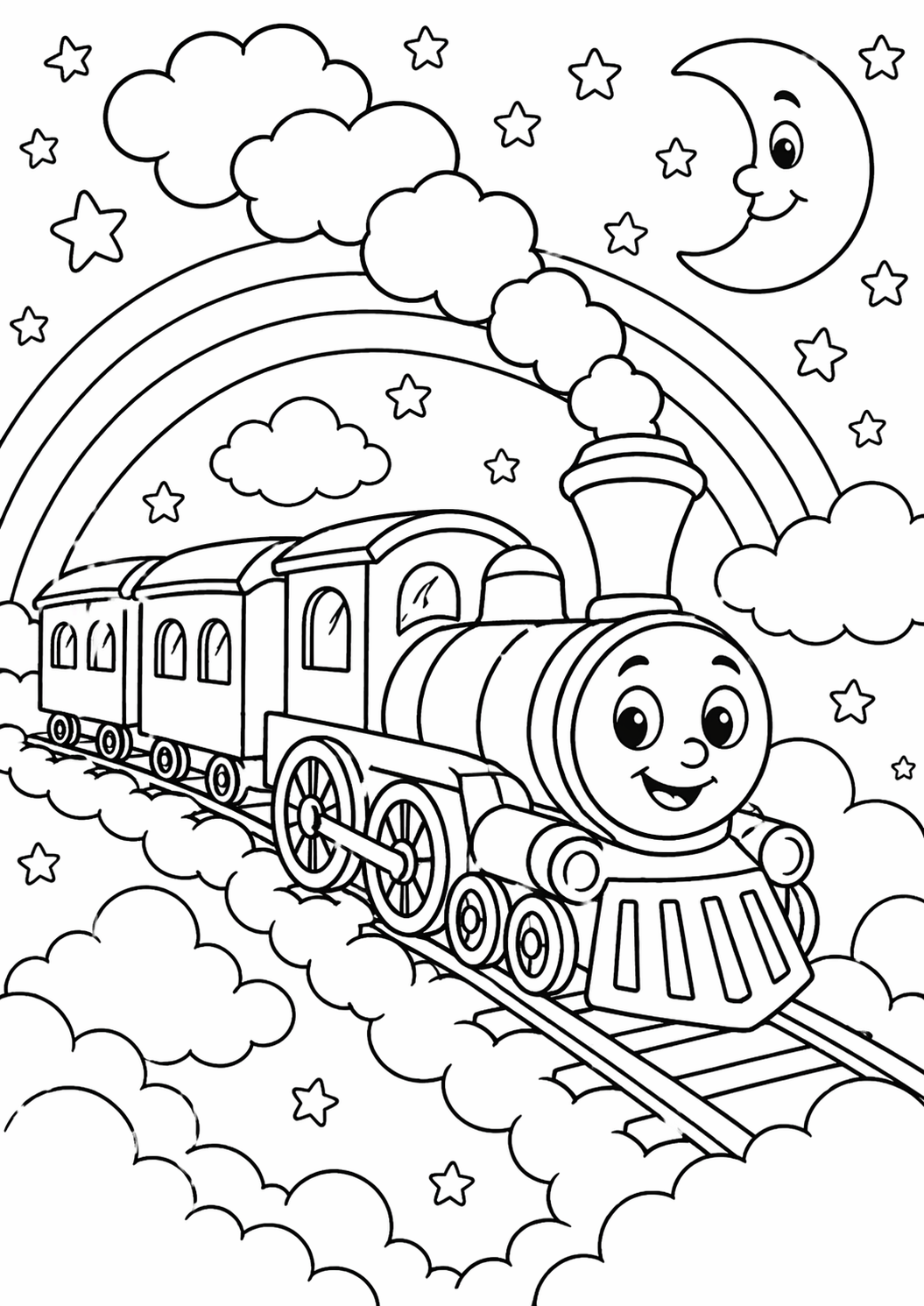 A friendly train with a smiling face chugs along tracks under a starry night sky, accompanied by a bright rainbow and a crescent moon, perfect for children to color and enjoy.