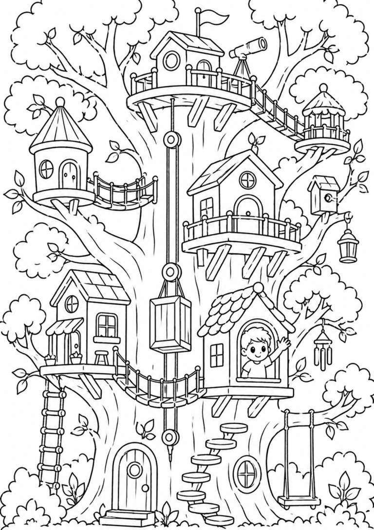 A detailed coloring page featuring a whimsical treehouse with multiple levels, bridges, ladders, and swings. A smiling child waves from a window inviting children to engage creatively.