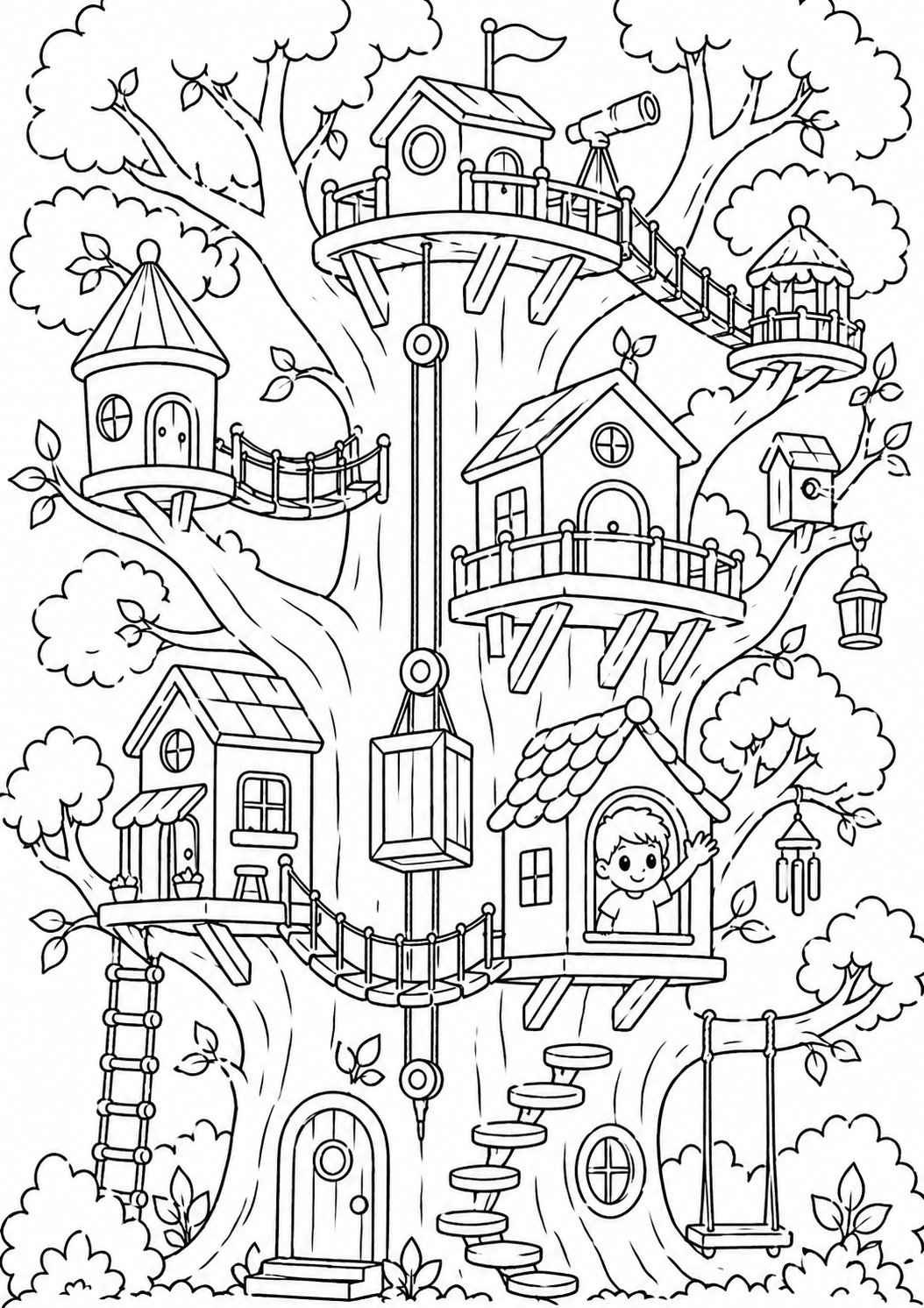 A detailed coloring page featuring a whimsical treehouse with multiple levels, bridges, ladders, and swings. A smiling child waves from a window inviting children to engage creatively.