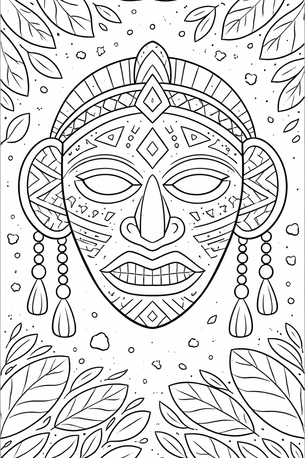 A coloring page with a detailed tribal mask featuring geometric patterns and surrounded by decorative leaves, inviting children to explore creativity and cultural themes.