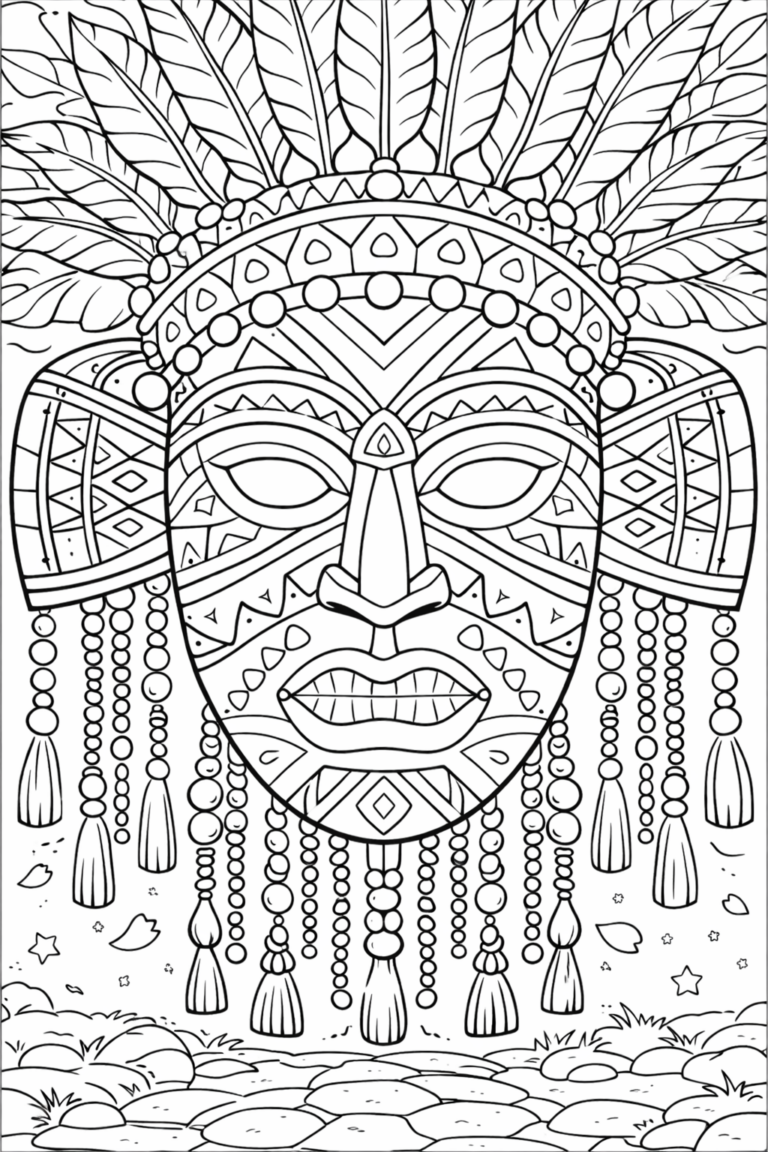 Detailed tribal mask coloring page for children featuring intricate designs, feather decorations, and dangling tassels. Provides cultural and artistic exploration opportunities for young artists.