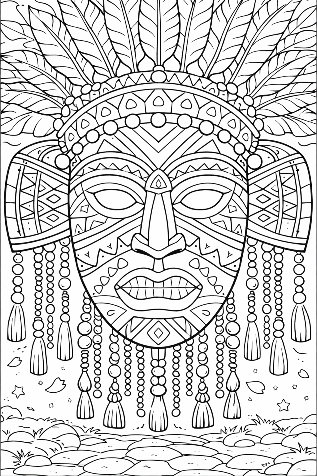 Detailed tribal mask coloring page for children featuring intricate designs, feather decorations, and dangling tassels. Provides cultural and artistic exploration opportunities for young artists.
