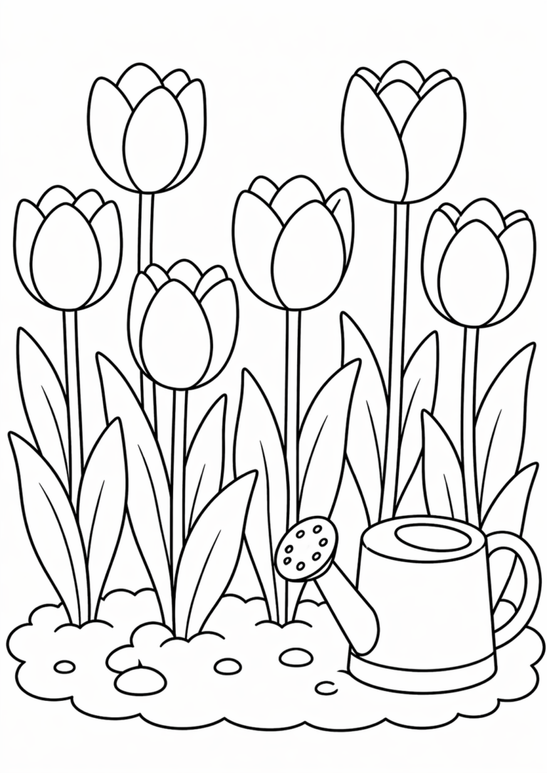 A coloring page showing a garden with five tulips in bloom and a watering can nearby, inviting children to color it vibrantly.