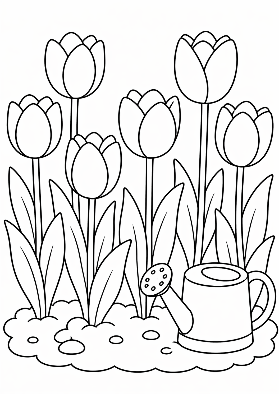 A coloring page showing a garden with five tulips in bloom and a watering can nearby, inviting children to color it vibrantly.
