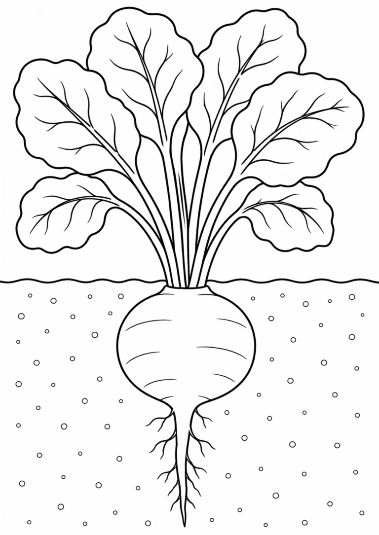 A simple coloring page depicting a turnip with detailed leaves and roots. The turnip sits in soil, offering an educational tool for children interested in plants and gardening.