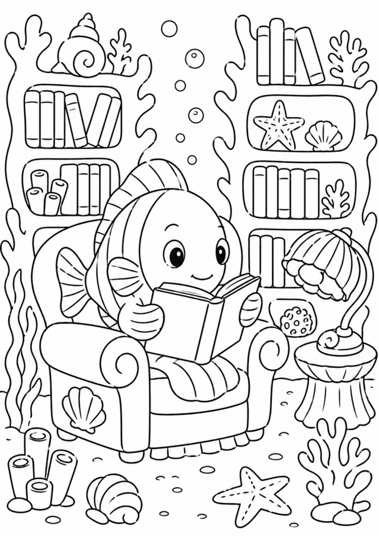 A charming fish sits in an armchair reading a book underwater, surrounded by shelves of books and sea creatures. Coral and oceanic decorations complete this engaging coloring page setting.