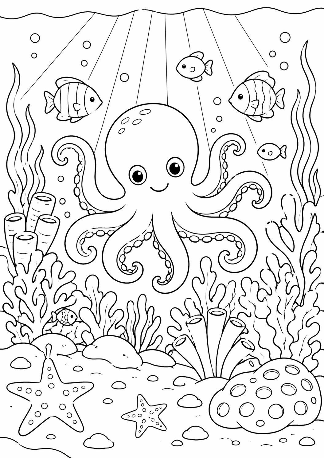 Coloring page depicting a cute octopus, various fish, and coral in an underwater scene, inviting children to use their creativity to add vibrant colors to the picture.