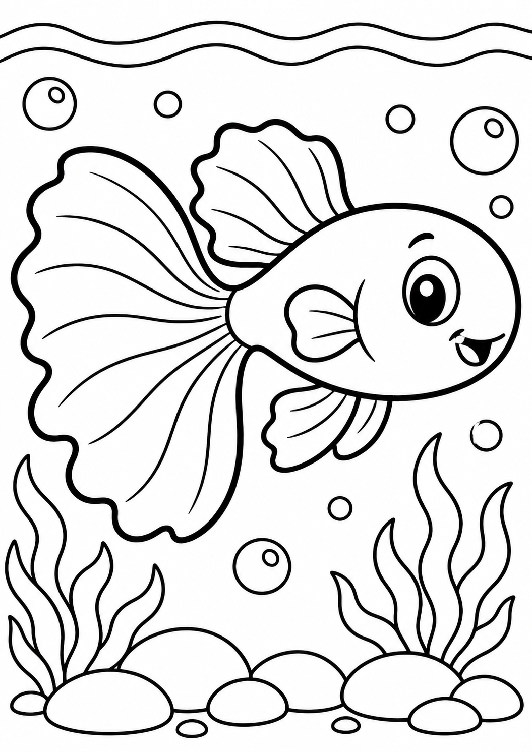 A cheerful fish swims amidst peaceful bubbles and wavy seaweed, offering a vibrant underwater scene for children to enjoy coloring.