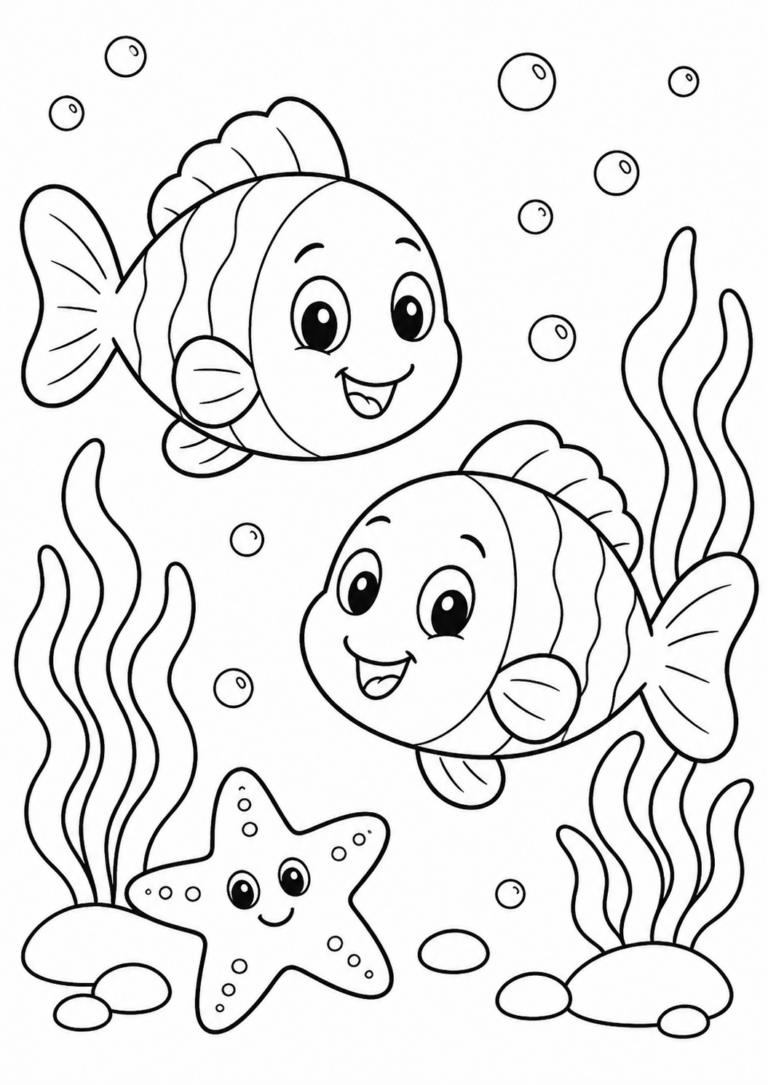 A playful underwater scene with two joyful fish, bubbles, seaweed, and a smiling starfish. Children can color this fun illustration to bring the oceanic world to life with vibrant hues.