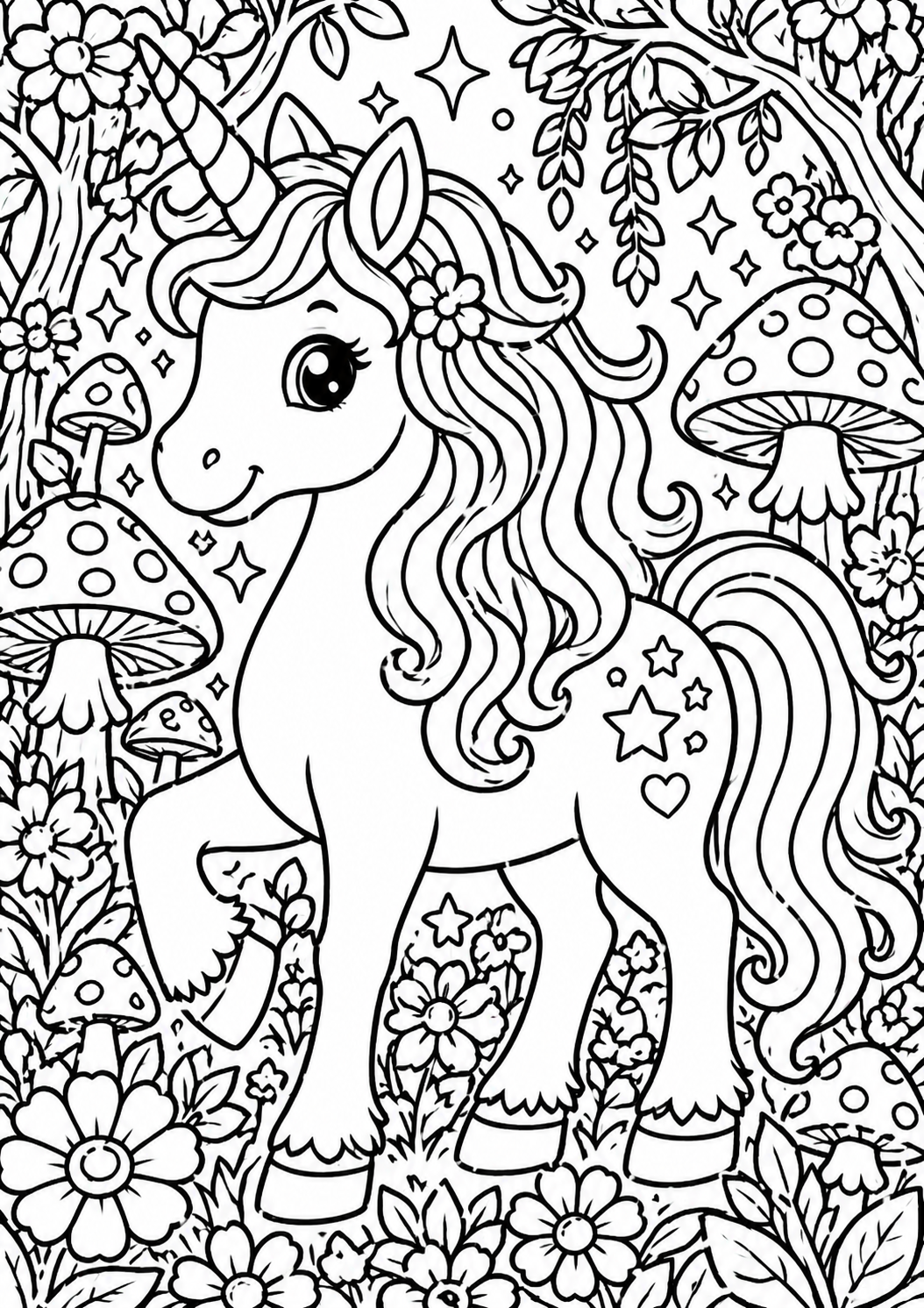 A delightful unicorn stands in a whimsical forest. It is surrounded by flowers and mushrooms, with stars twinkling around. Kids can color the unicorn's flowing mane and the magical background.