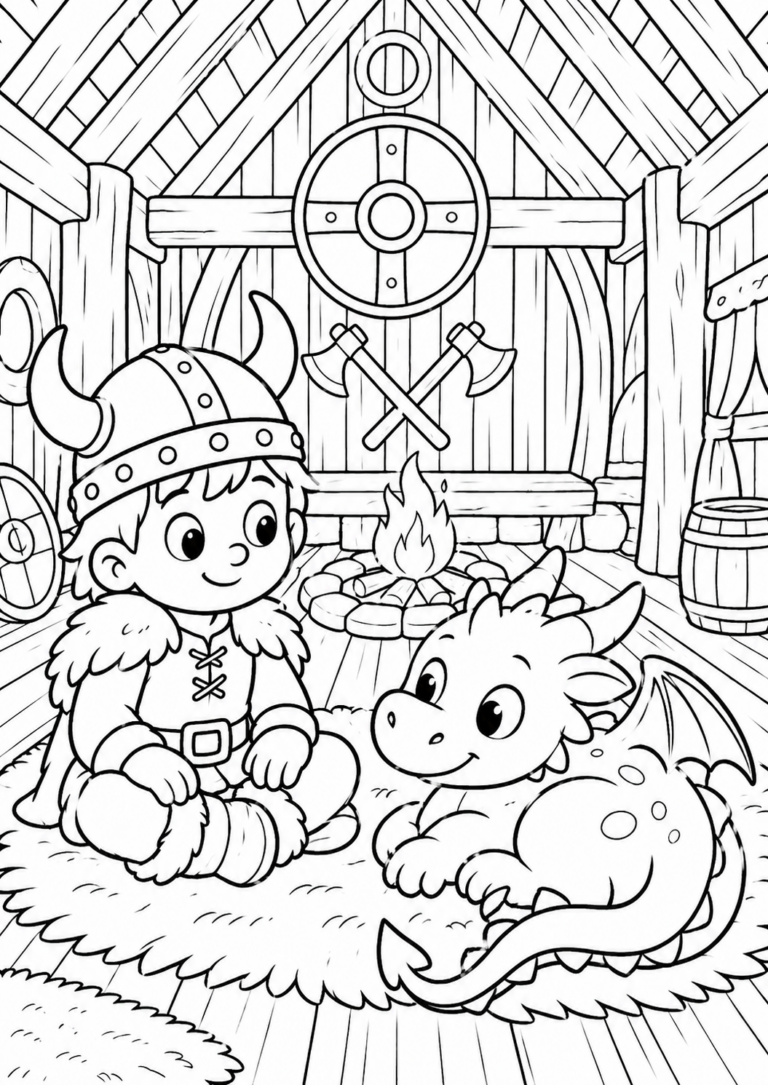 A young Viking and a small dragon sit together on a cozy rug in a wooden cabin. The Viking is wearing a horned helmet, and the dragon has a friendly expression. This charming scene is perfect for children to color and enjoy.