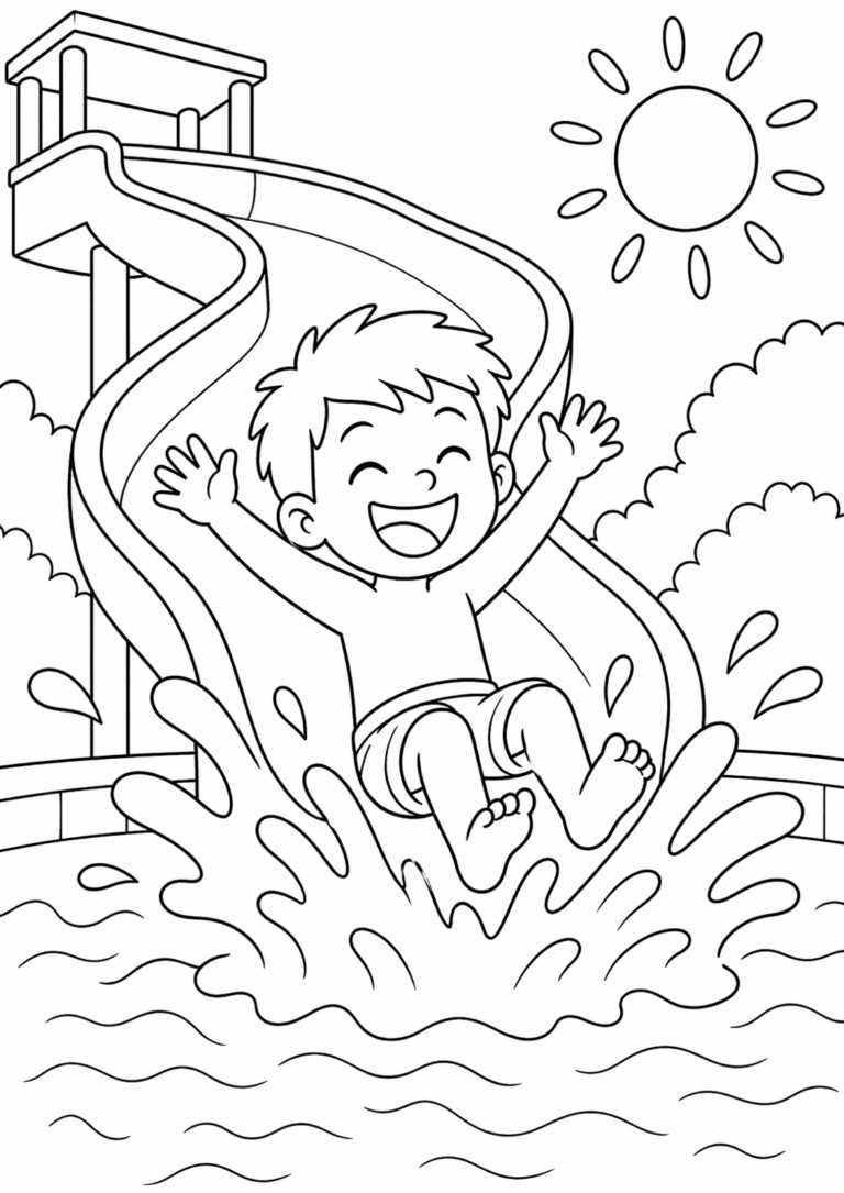 A young child happily sliding down a water slide, creating a big splash in the pool below. The scene is set under a bright sun with bushes nearby, capturing the joy of summer fun.