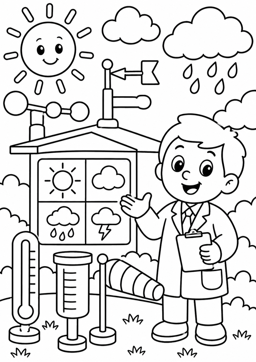 A coloring page showing a young scientist with weather instruments like a sun, clouds, raindrops, and a wind vane. Kids can learn about weather while coloring.