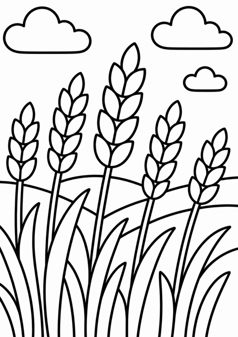 A children's coloring page depicting a wheat field with tall stalks and fluffy clouds above, creating a calming outdoor scene for kids to color.