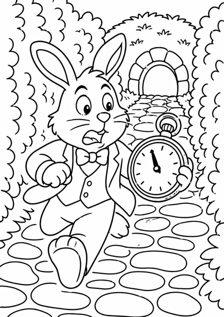 A charming rabbit in a formal suit runs through an archway-lined path holding a pocket watch. Children can color this exciting scene from a fairy tale. The page captures the rabbit's urgency and vivid expressions, encouraging creativity with engaging details and dynamic elements.