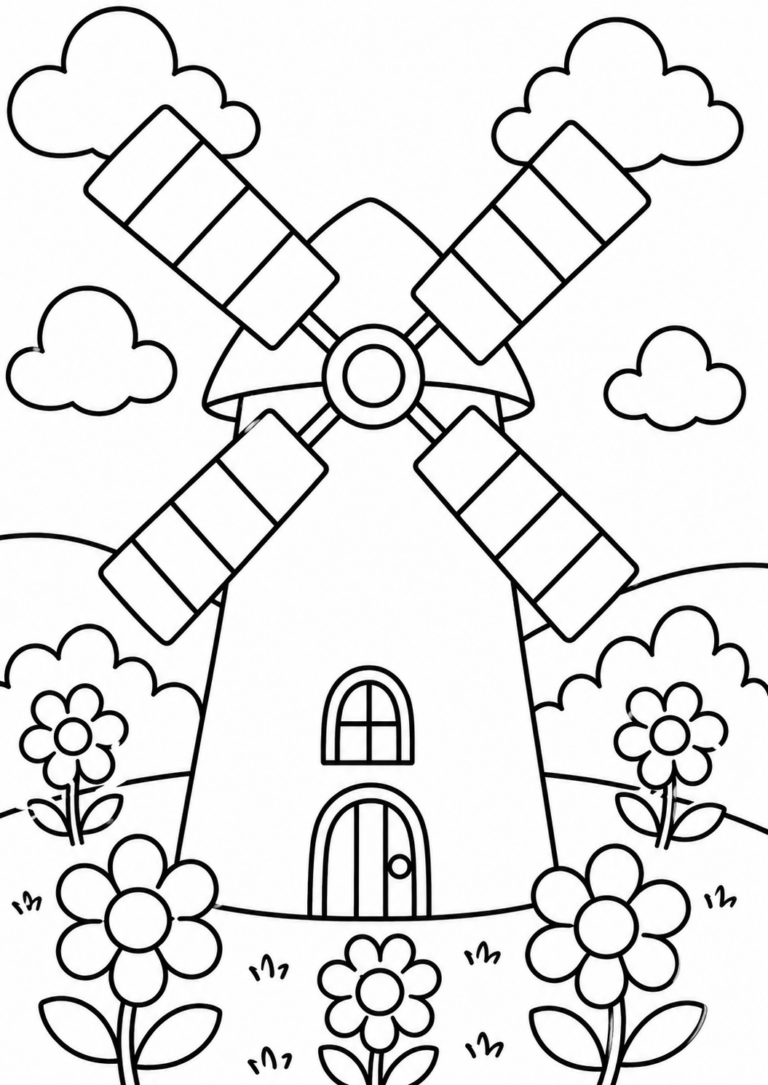 A windmill amid clouds and flowers creates a calming landscape on this children's coloring page, encouraging creativity and color exploration.