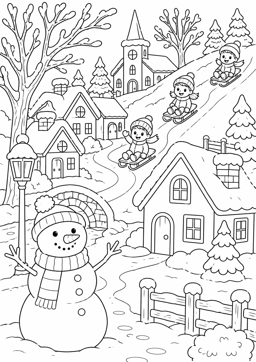 A delightful coloring page depicting a winter village scene with snow-covered houses, children sledding, and a happy snowman, inviting creativity and holiday joy.