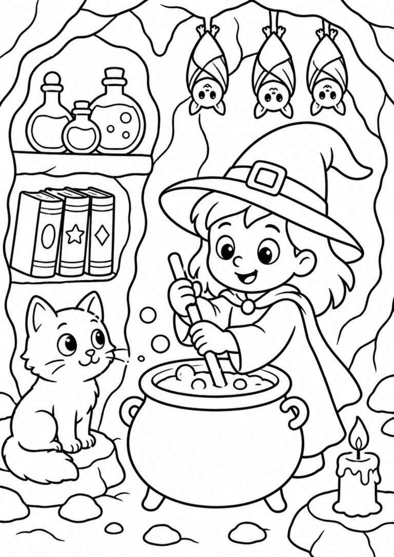 An enchanting scene with a young witch stirring her cauldron, accompanied by a curious cat. Bats hang from the cave ceiling, and shelves full of potions and spellbooks complete the magical setting.