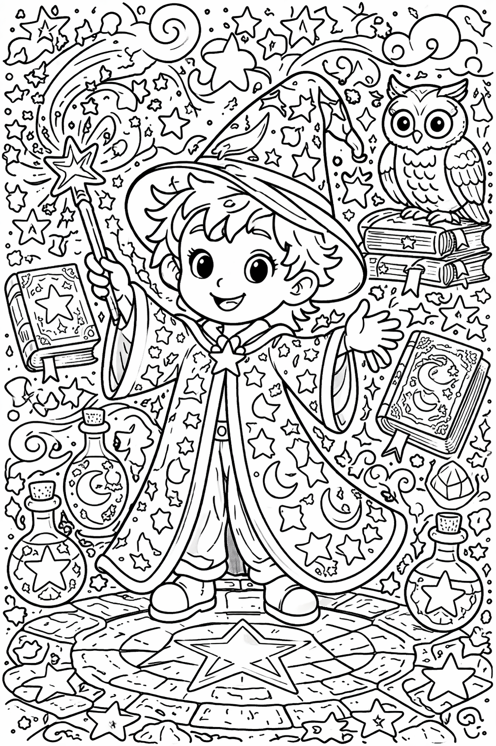 A whimsical coloring page of a young wizard wearing a starry robe, complete with a magic wand. Surrounded by a spellbook, potion bottles, and an owl, this fantasy scene invites children to explore their artistic skills and bring the magic to life.
