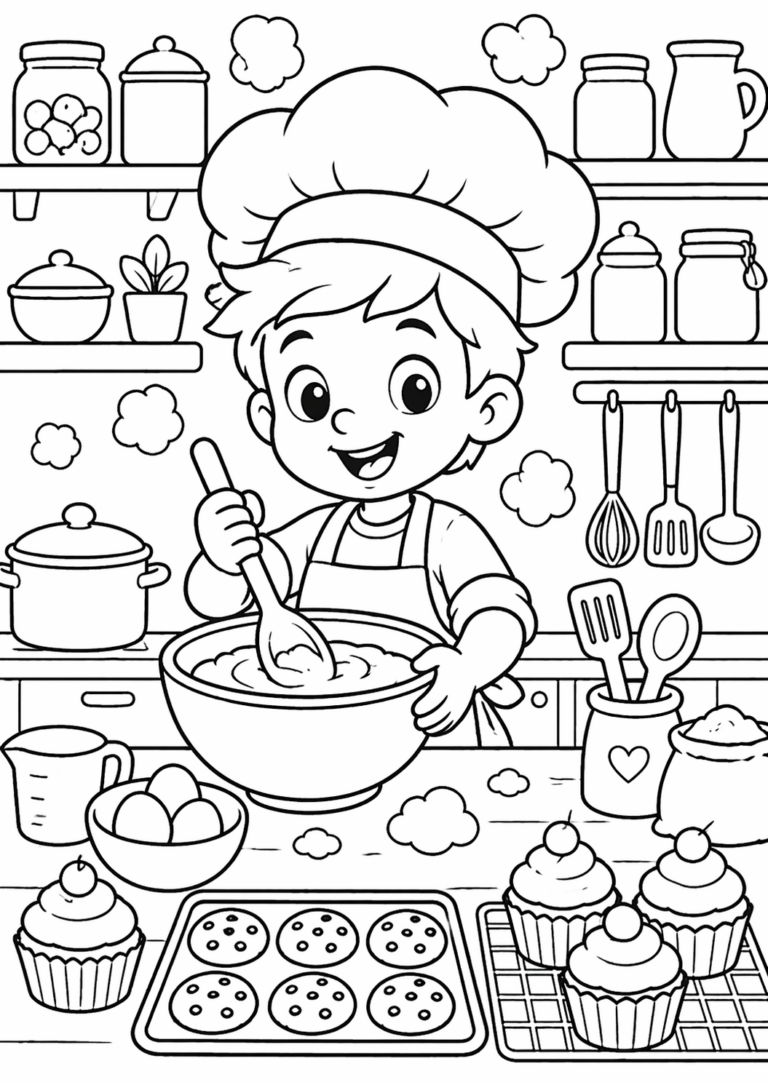 A young chef happily baking in a kitchen with cupcakes and cookies. He stirs a bowl surrounded by baking tools on the counter, offering children a chance to color and explore creativity.
