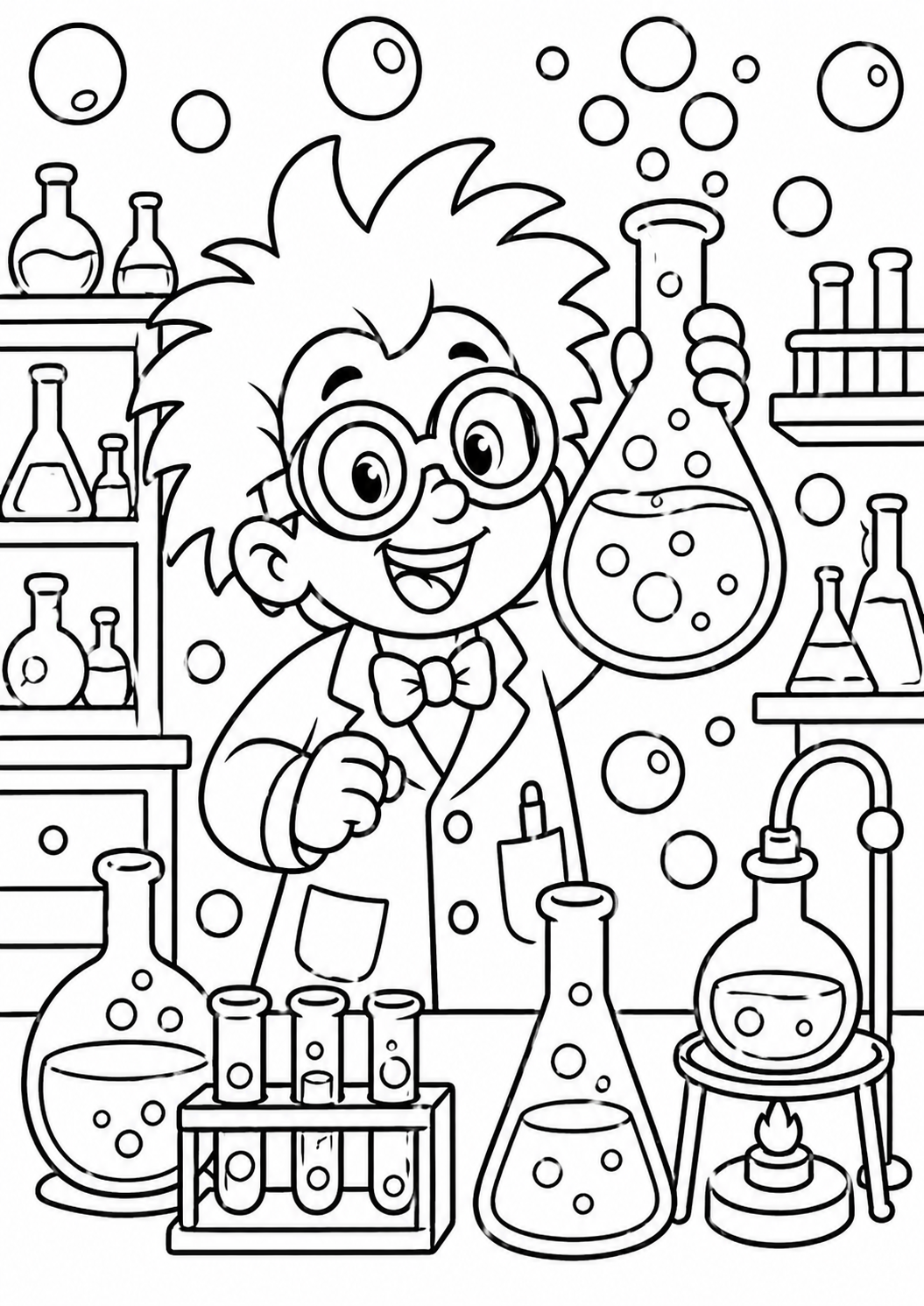 A lively young scientist holds a flask in a lab filled with beakers and test tubes. This coloring page is ideal for children eager to explore science and express creativity through coloring.