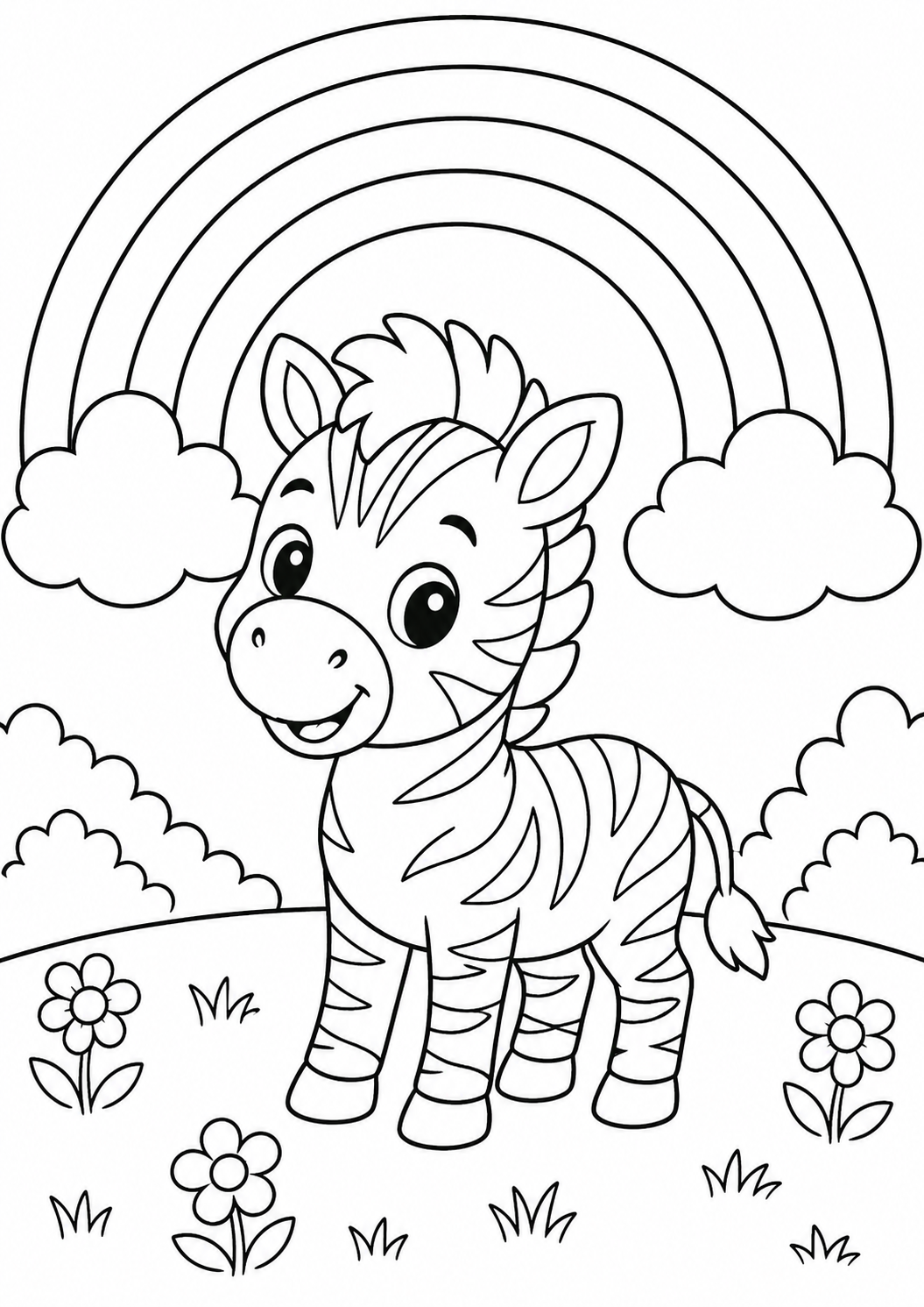 A children's coloring page depicting a smiling zebra on a grassy field with a rainbow in the background. The scene is complemented by fluffy clouds, cheerful flowers, and rolling hills, offering a delightful and colorful activity for kids.