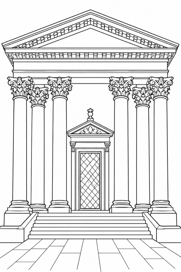 A detailed coloring page depicting a grand ancient building with tall columns and intricate architectural features. Perfect for children interested in historical architecture and creative coloring.