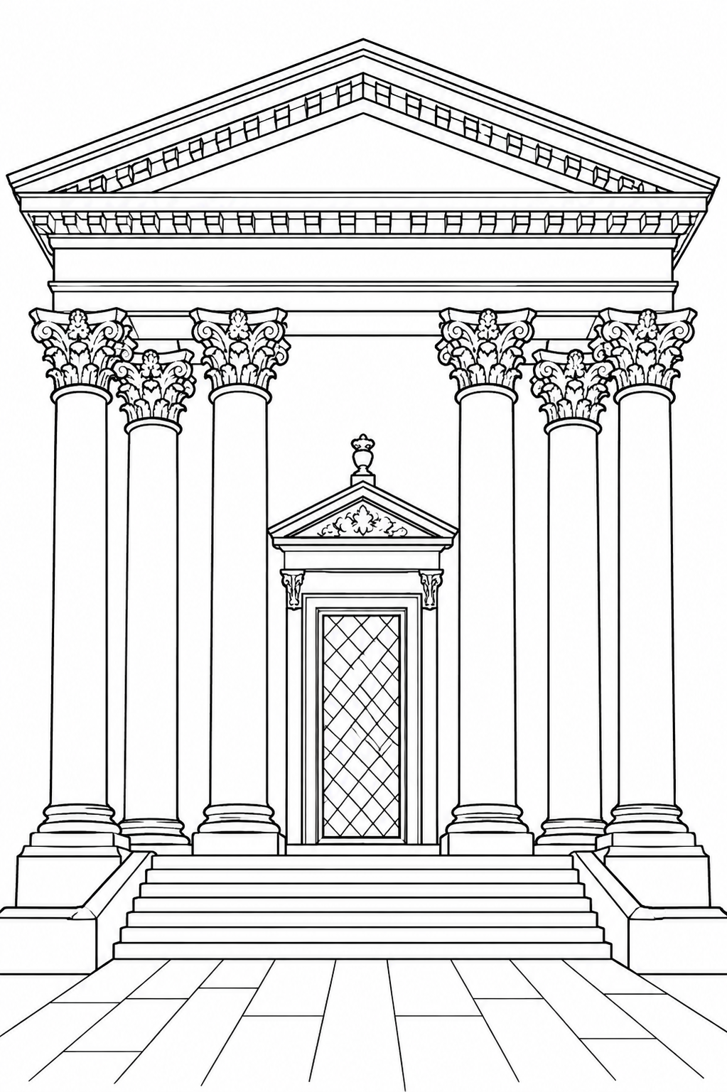 A detailed coloring page depicting a grand ancient building with tall columns and intricate architectural features. Perfect for children interested in historical architecture and creative coloring.