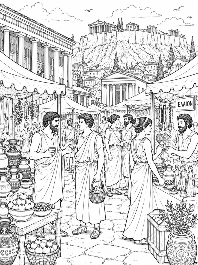 A detailed scene of an Ancient Greek market with vendors and customers surrounded by classical architecture, offering a glimpse into historical daily life.