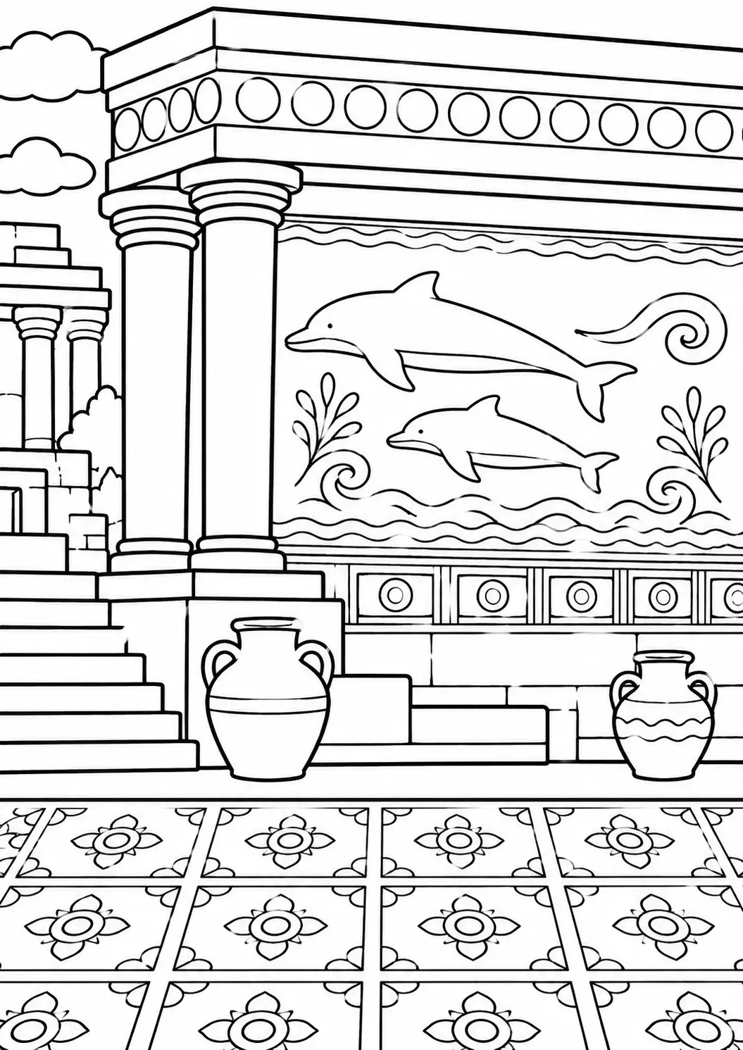 A children's coloring page showing an ancient Greek scene with columns, stairs, and a mural featuring dolphins. The detailed design invites kids to color and learn about classical architecture and art.