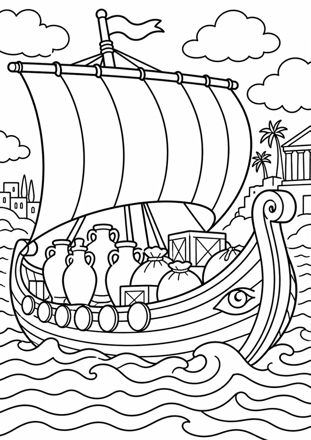 Children's coloring page with an ancient Greek ship sailing on waves, decorated with amphorae and crates, set against a backdrop of classical buildings and palm trees.