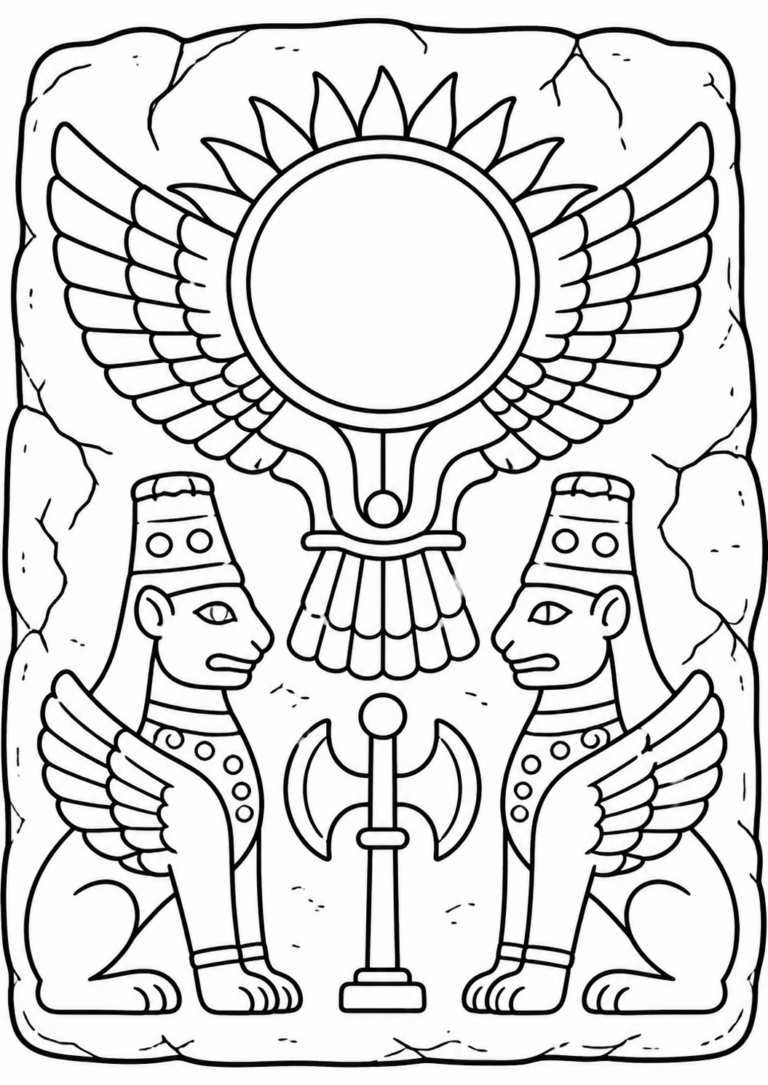 Coloring page with two sphinxes and a winged solar disc, introducing children to mythical creatures and ancient symbolism.