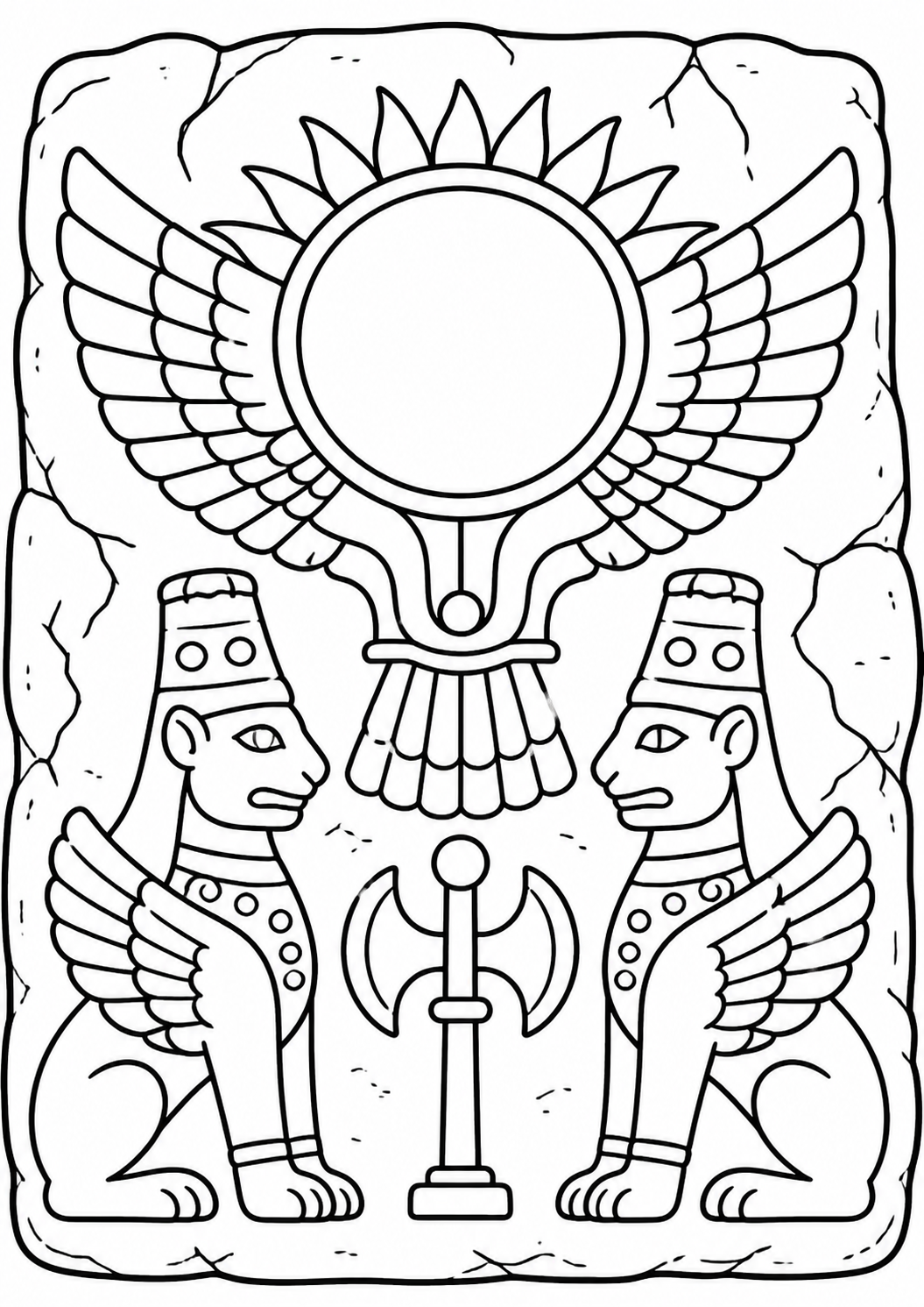 Coloring page with two sphinxes and a winged solar disc, introducing children to mythical creatures and ancient symbolism.