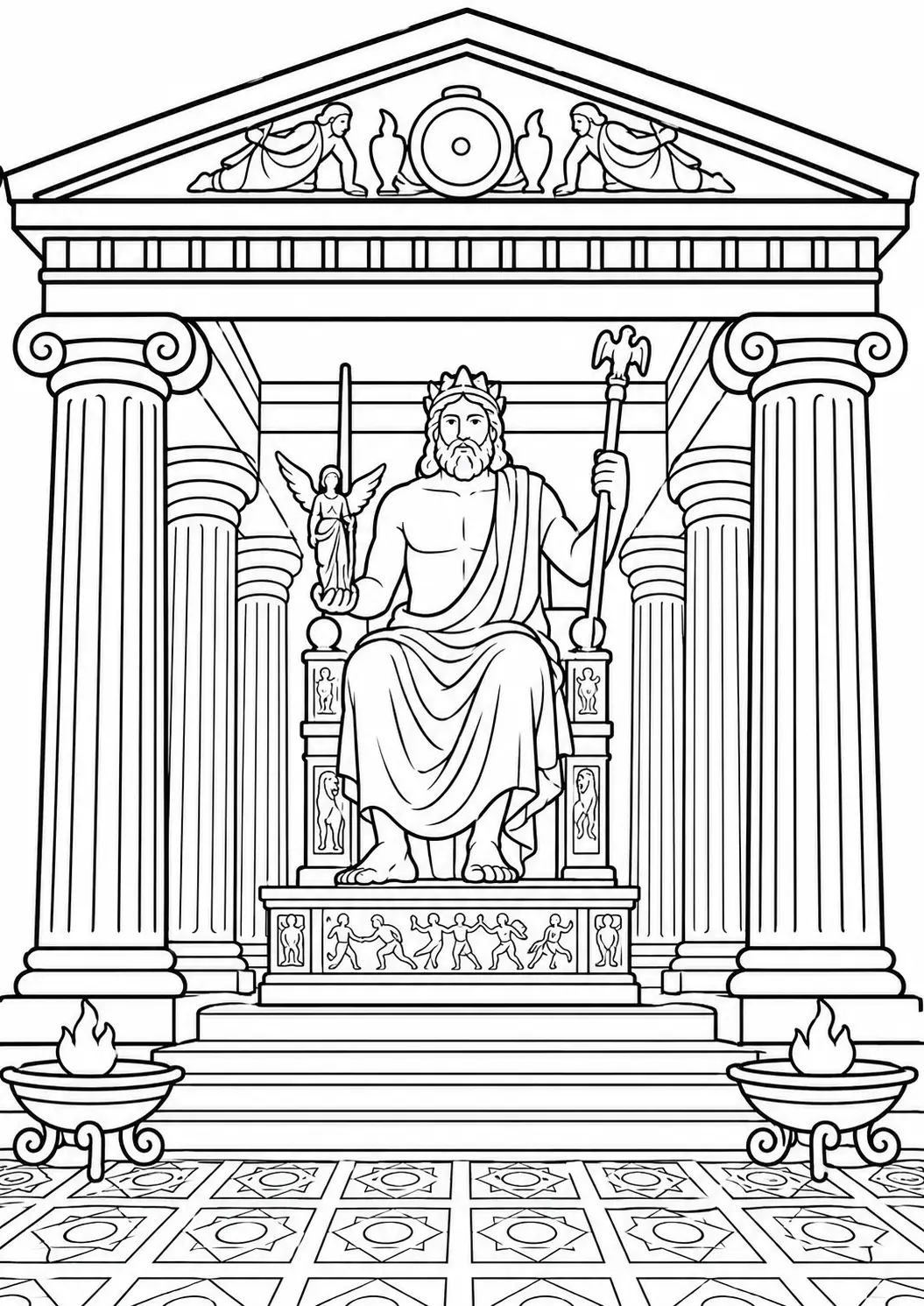 Color an ancient temple scene showcasing a deity seated on a throne with grand columns and detailed patterns. Perfect for kids interested in mythology and ancient architecture.