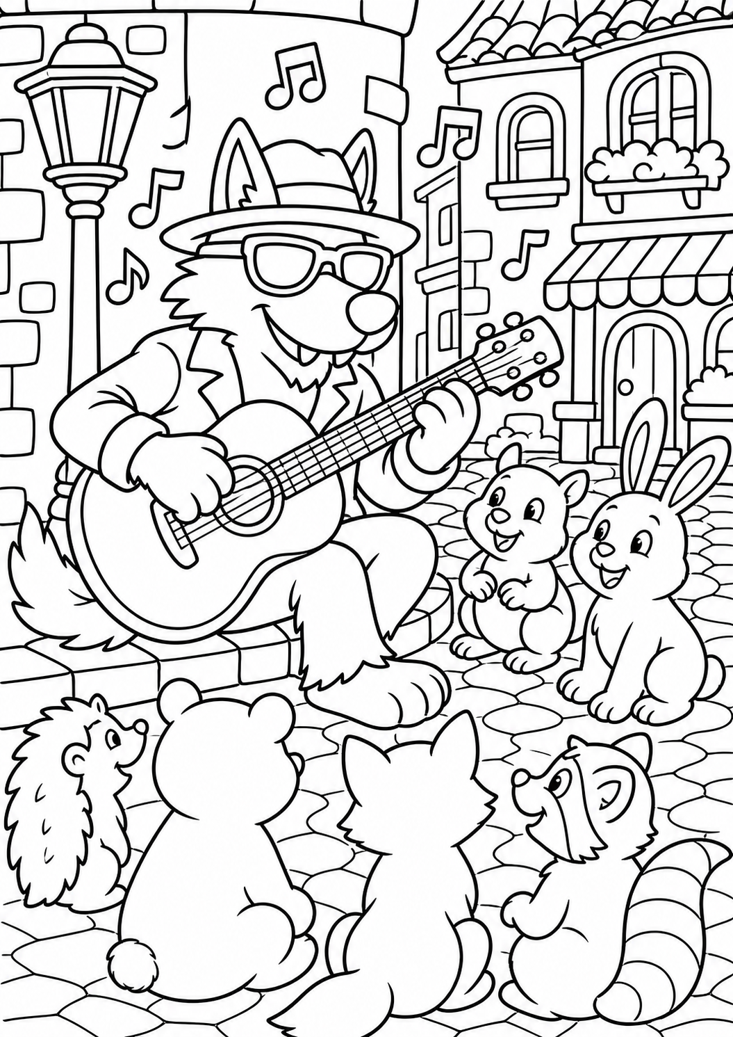 Charming page with a wolf playing guitar, surrounded by attentive woodland animals in a magical village setting, perfect for bringing artistic imagination to life.