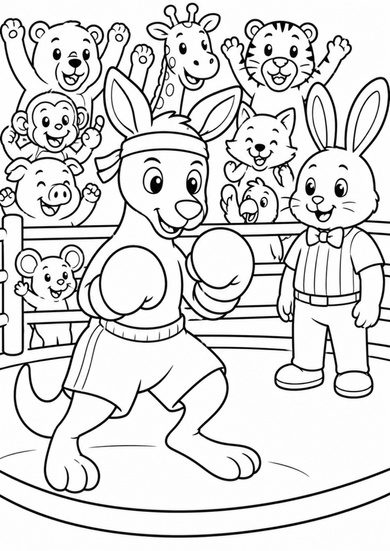 Coloring page with a boxing kangaroo and various cheering animals, including a bear, rabbit, and giraffe, perfect for kids.