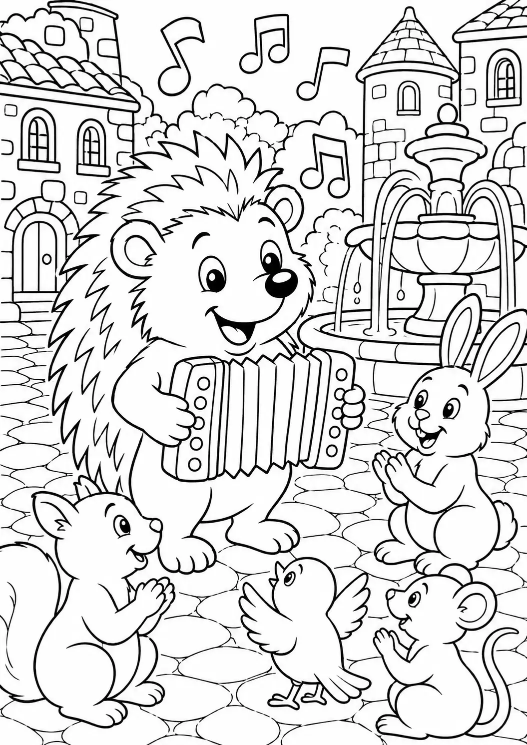 A joyful hedgehog plays an accordion in a village square surrounded by happy animals—a rabbit, squirrel, mouse, and bird—and music notes fill the air over charming buildings and a fountain.