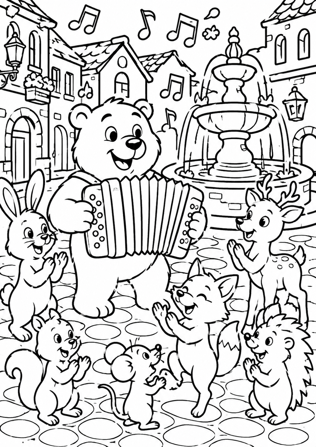 Coloring page showcasing a cute animal concert with a bear playing an accordion in a village square, surrounded by a rabbit, fox, deer, and other animals, creating a joyful scene.