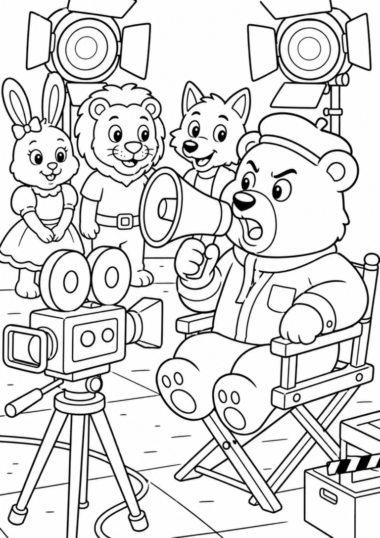 A fun coloring page depicting a film set with animal characters, including a bear director, lion, rabbit, and wolf, surrounded by cameras and lights, designed for children's creative coloring fun.